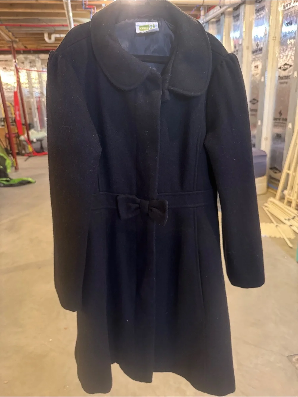 Classic Kid's Black Wool Blend Pea Coat with Bow Waist